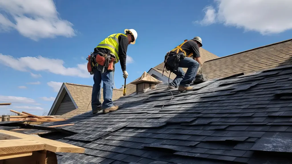Important facts about emergency roof repairs 1 Roofing professionals conducting emergency roof repairs after a storm