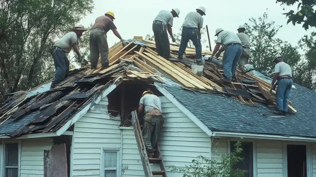 Understand roof replacement costs for 2024 6 Roofer working on a roof replacement with materials for 2024