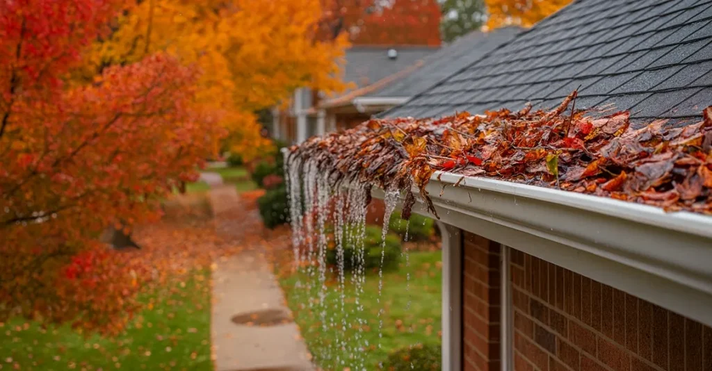Why Are My Gutters Overflowing Every Fall in Hamilton, OH? 1 image showing leaves clogged in the gutters and the gutters overflowing every fall